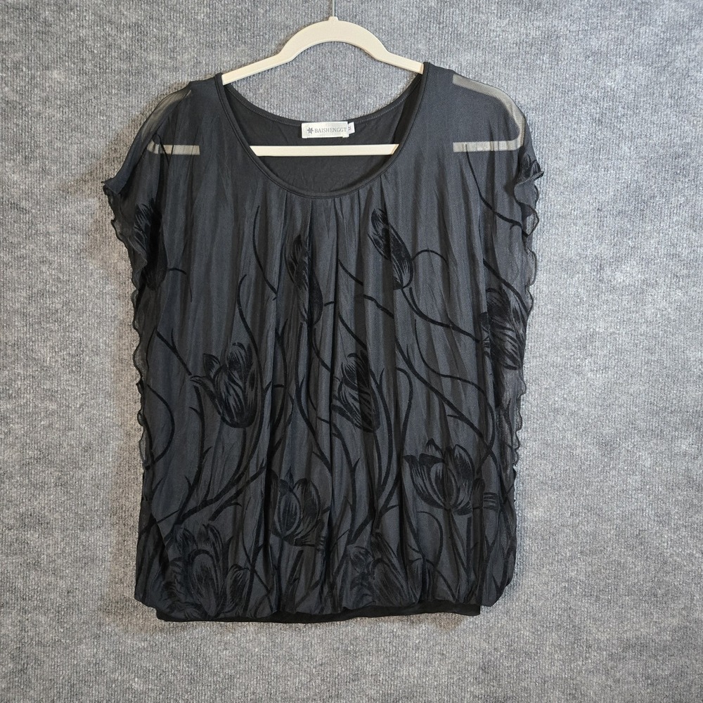 Baishenggt Blouse Womens M Black Flocked Mesh Dark Ethereal Magical Romantic